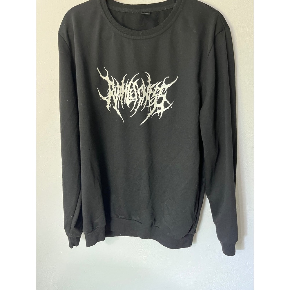 Romwe Mens XL Black Graphic Sweatshirt Death Metal Font Streetwear Crewneck 0004